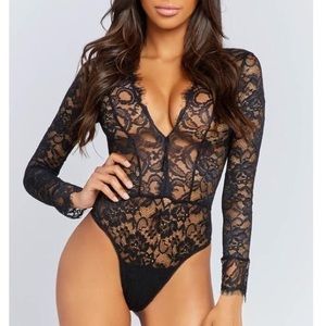 NEW Black Eyelet Lace Plunging Bodysuit Top